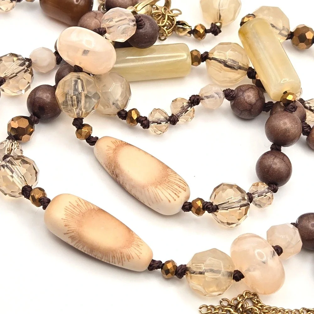 Boho‎ Beaded Tassel Necklace Earthy Mixed Media Hand Knotted Gold Tone Chain